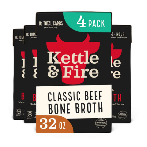 Kettle and Fire Classic Beef Bone Broth, Keto, Paleo, and Whole 30 Approved, Gluten Free, High in Protein and Collagen, 4 Pack (32 Ounces)