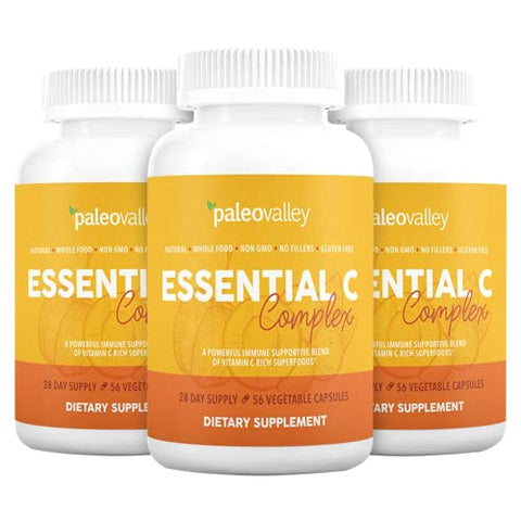 Paleovalley Essential C Complex - Vitamin C Supplement for Immune Support - 3 Pack, 450mg - From Organic Superfoods Unripe Acerola Cherry, Camu Camu, Amla Berry - No Synthetic Ascorbic Acid - USA Made