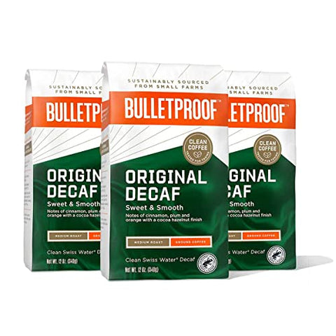 Bulletproof Original Medium Roast Ground Decaf Coffee, 12 Ounces (Pack of 3), 100% Arabica Coffee Sourced from Guatemala, Colombia & El Salvador