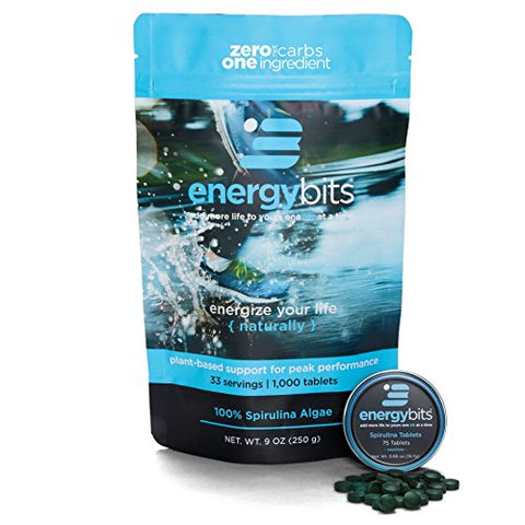 ENERGYbits Purest Spirulina Algae Tablets Organically Grown, Non-GMO, vegan, paleo, ketogenic, raw. One ingredient- 100% pure green Spirulina Plantensis, Bag of 1,000 tabs