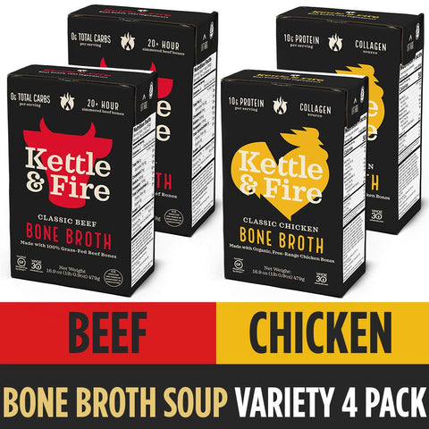 Bone Broth Variety Pack, Beef and Chicken by Kettle and Fire, Keto Diet, Paleo Friendly, Whole 30 Approved, Gluten Free, with Collagen, 10g of Protein (Pack of 4)